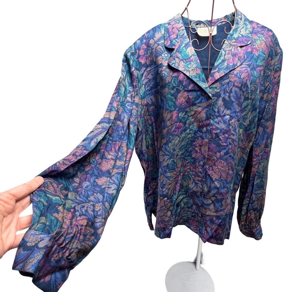 VTG Pendleton Rayon Boho Floral Button Down Blouse Jacquard Large Made in USA